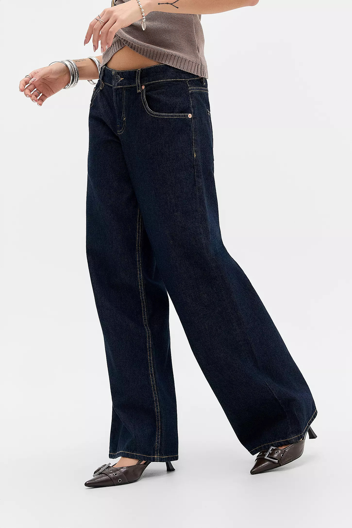 Motel Dark Denim Low Rise Parallel Jeans - Indigo 30W 32L at Urban Outfitters | Urban Outfitters UK