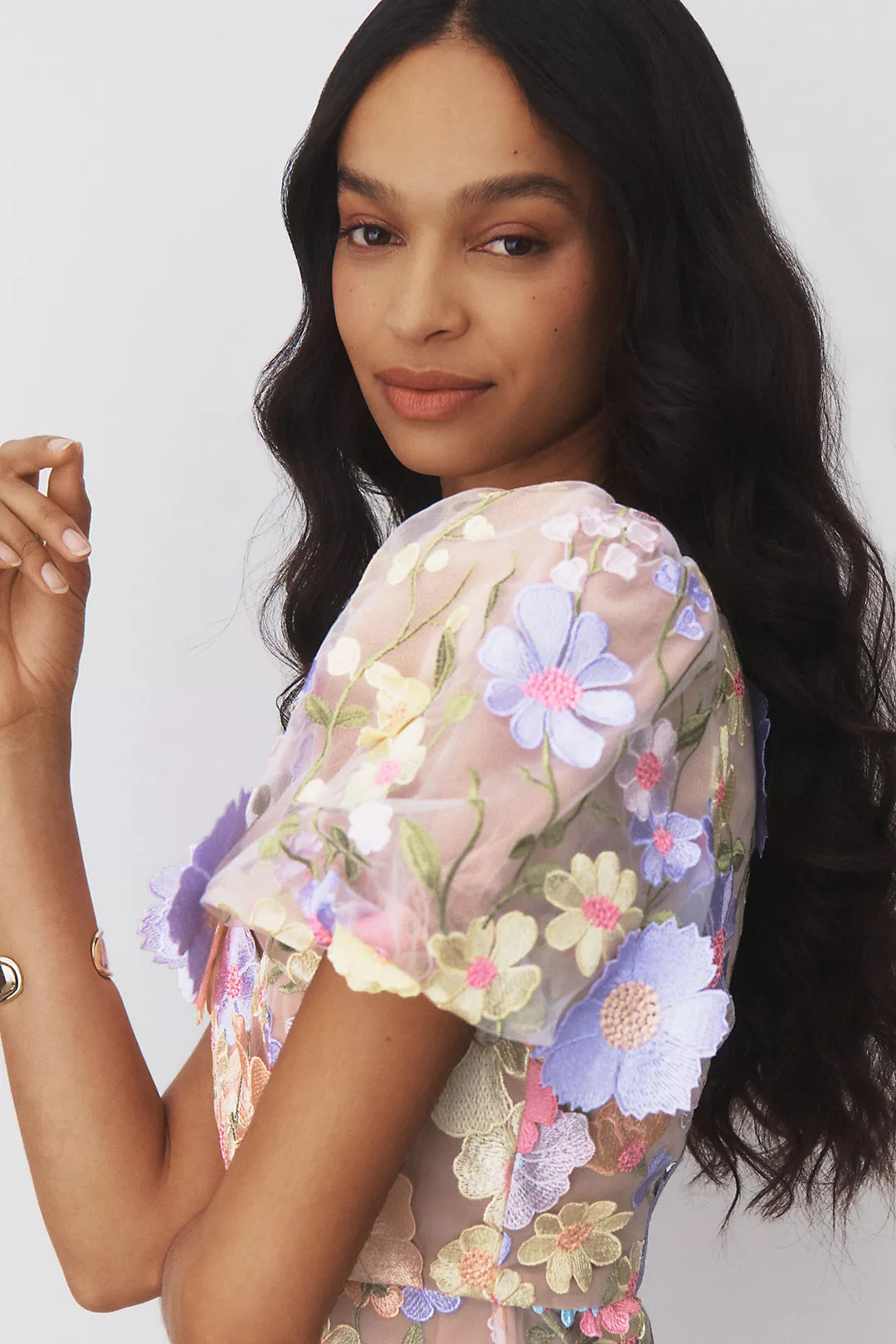 Elliatt Anthea Short-Sleeve V-Neck Floral Appliqué Mini Dress | Anthropologie (US)