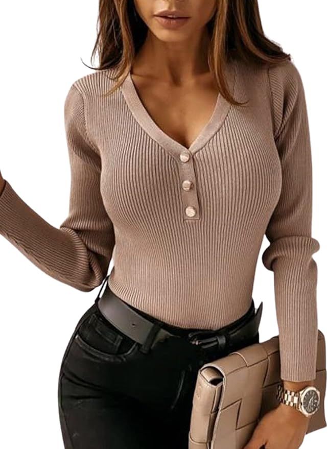 CUPSHE Women's Ribbed V-Neck Buttoned Sweater Winter Casual Slim Fitt Bottoming Tops | Amazon (US)