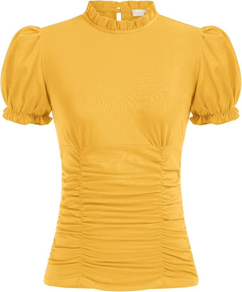Belle Poque Women's Mock Neck Lantern Sleeve Ruched Tops Blouse Cotton Shirts | Amazon (US)