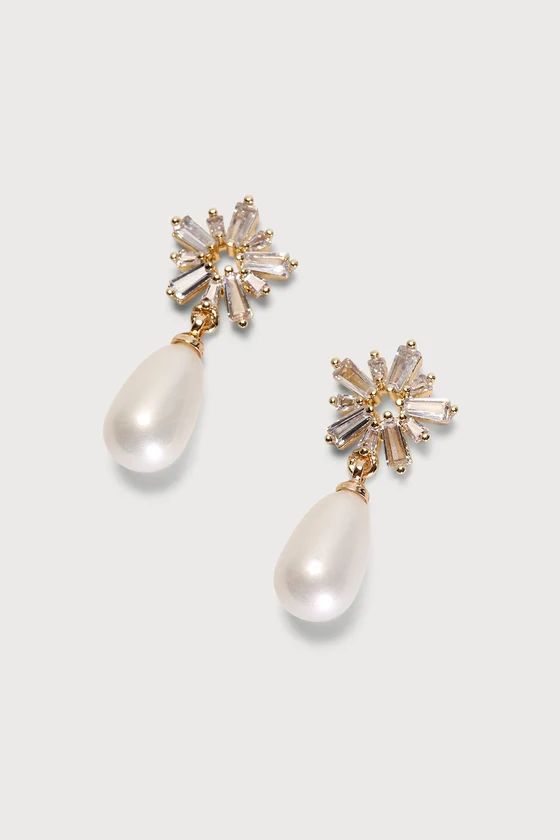 Pearl-fectly Pretty Gold Rhinestone Pearl Drop Earrings | Lulus