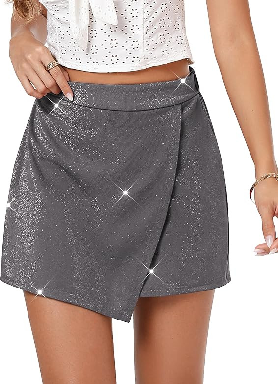KOJOOIN Women's Sparkly Skirt Shorts High Waist Solid Split Hem Mini Festival Skirt | Amazon (US)