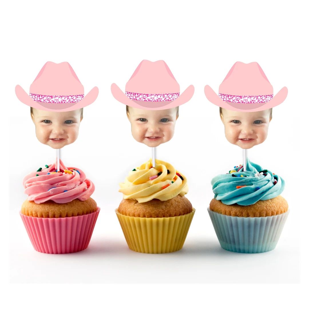 Rodeo Cupcake Toppers with Custom Face Photo (12 count) - Pink Cowboy Hat, Birthday, girly, Perso... | Etsy (US)