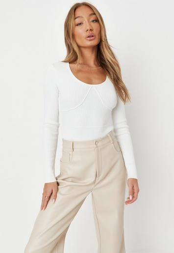 Missguided - Recycled White Cupped Scoop Neck Knit Bodysuit | Missguided (UK & IE)