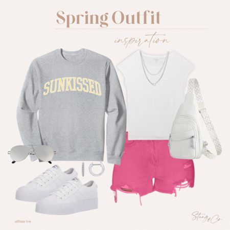 This spring outfit inspiration includes a “sunkissed” gray sweatshirt with a white short sleeve tee and hot pink cutoff shorts (tall friendly). I’ve added white adidas sneakers, a silver layered necklace, sling bag, aviator sunglasses and rhinestone huggie earrings. 

Ootd, spring outfit, Amazon fashion, tall friendly outfit, casual outfit 

#LTKshoecrush #LTKstyletip #LTKfindsunder50