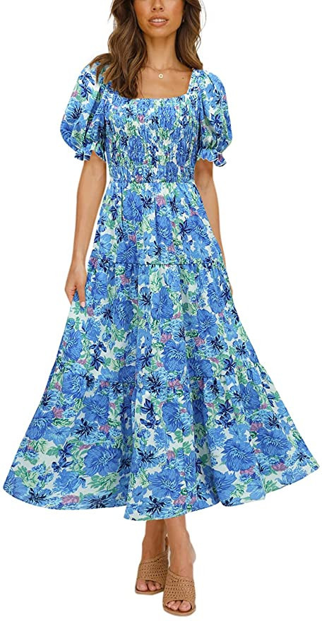 PRETTYGARDEN Women's Boho Floral Print Summer Dresses Square Neck Puff Sleeve A Line Long Dress S... | Amazon (US)