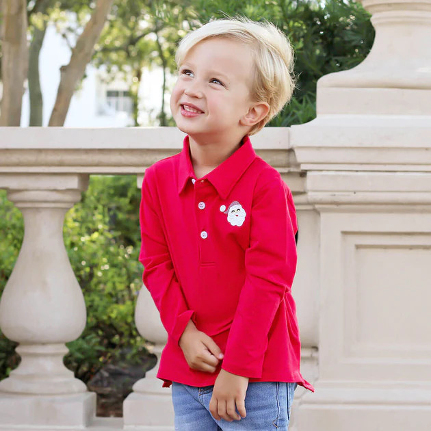 Happy Santa Red Long Sleeve Polo | Classic Whimsy