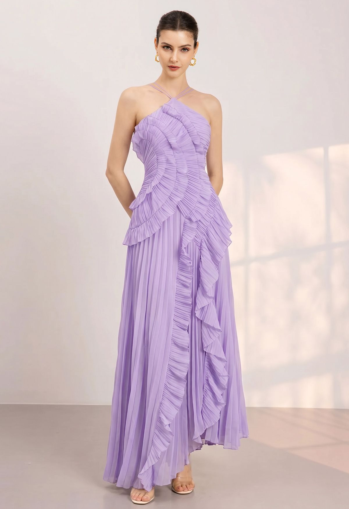 Asymmetrical Ruffle Halter Tie-Neck Pleated Maxi Dress in Lilac for Anniversary Dinner & Art Open... | Chicwish