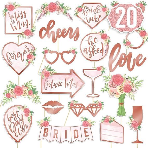 xo, Fetti Bridal Shower, Wedding Photo Booth Props - 21 pieces, pre-assembled - Rose Gold Bachelo... | Amazon (US)