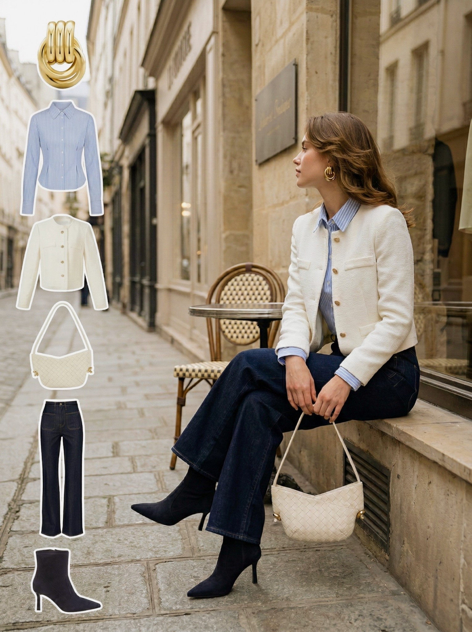 ✨ Cream & Navy with Parisian Polish ✨

A refined city look built around crisp blue shirting and soft cream structure. The tailored striped button down adds classic polish, layered under a cropped cream jacket that brings texture and subtle sophistication to the silhouette.

Dark wide leg denim creates a clean, elongated line while adding depth to the palette. Sleek navy ankle boots sharpen the look with a modern edge, and the woven ivory shoulder bag keeps the outfit light and cohesive. Gold statement earrings introduce a warm glow that elevates the entire ensemble.

🤍 Style Notes:
• Blue striped button down for timeless structure  
• Cropped cream jacket for textured polish  
• Dark wide leg denim for a lengthened silhouette  
• Navy ankle boots for modern contrast  
• Woven ivory shoulder bag for tonal balance  
• Gold statement earrings for refined shine  

Everything linked and ready to shop ✨

#LTKootd #LTKSeasonal #LTKChic

#LTKgrwm #LTKootd #LTKWorkwear

#LTKootd #LTKdayinmylife #LTKgrwm