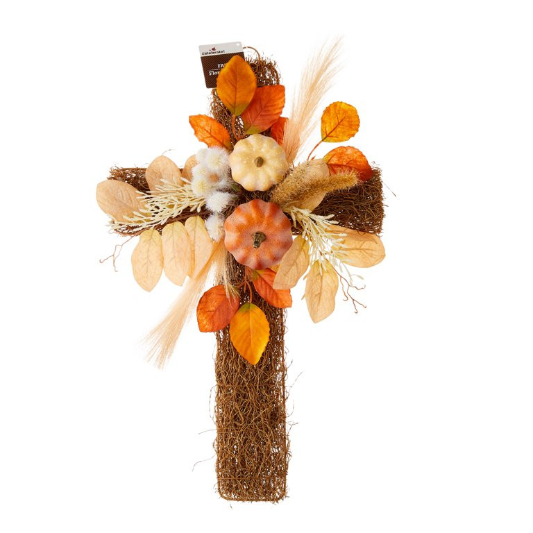 Cross with Foam Pumpkins & Fall Foliage Wall Decor, Orange & Cream, 20", Fall by Way To Celebrate | Walmart (US)