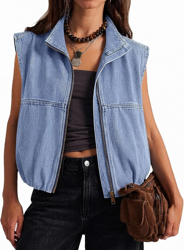 Tankaneo Womens Zip Up Denim Vest Jean Top Summer Casual Sleeveless Jacket | Amazon (US)