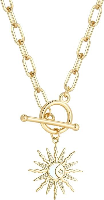 DoreenBeads 18K Gold Sun Moon Star Compass Pendant Necklace Chunky Toggle Paperclip Chain Necklac... | Amazon (US)