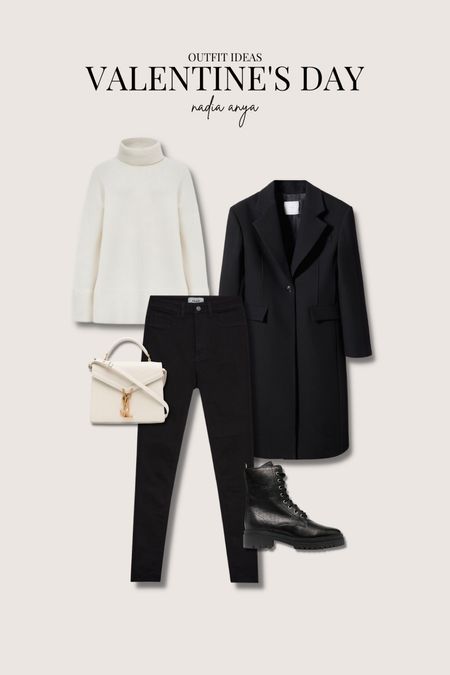 Valentine’s Day outfit ideas - cosy chic look perfect for a romantic dog walk with loved ones. Mango long black oversized coat, Reiss cream knit jumper, new look black skinny jeans (the best!), cream ysl handbag & b&sh paris black lace up boots  

#LTKstyletip #LTKshoecrush #LTKitbag