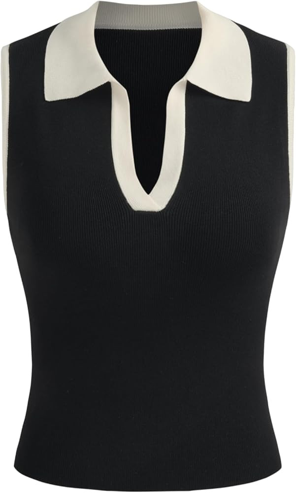 CIDER Sweater Vest Women Striped Knit Sleeveless Crop Top Trendy Clothing Polo Neck Contrasting B... | Amazon (US)