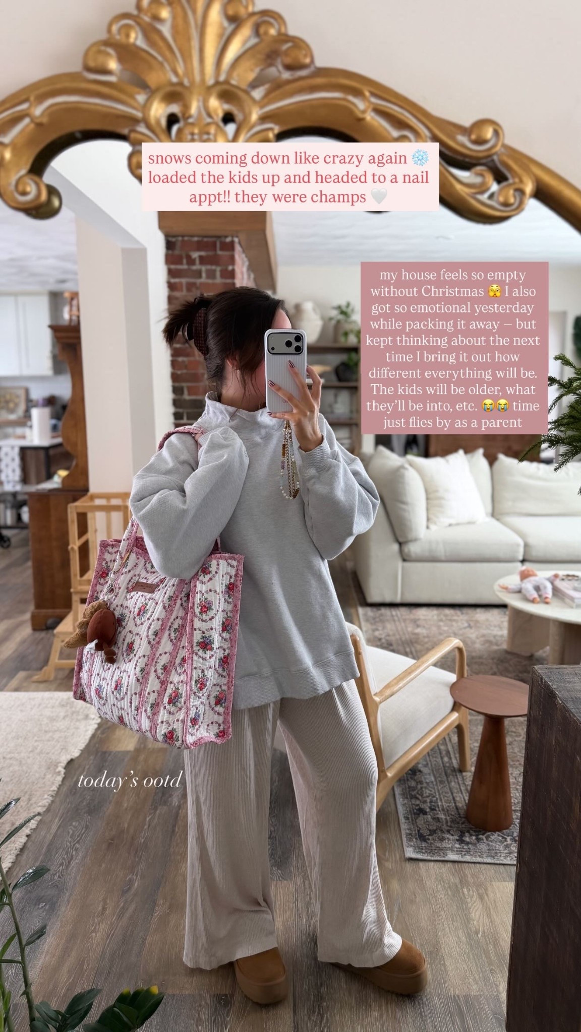 snows coming down like crazy again ❄️ loaded the kids up and headed to a nail appt!! they were champs 🤍  my house feels so empty without Christmas 🫣 I also got so emotional yesterday while packing it away — but kept thinking about the next time I bring it out how different everything will be. The kids will be older, what they’ll be into, etc. 😭😭 time just flies by as a parent today’s ootd