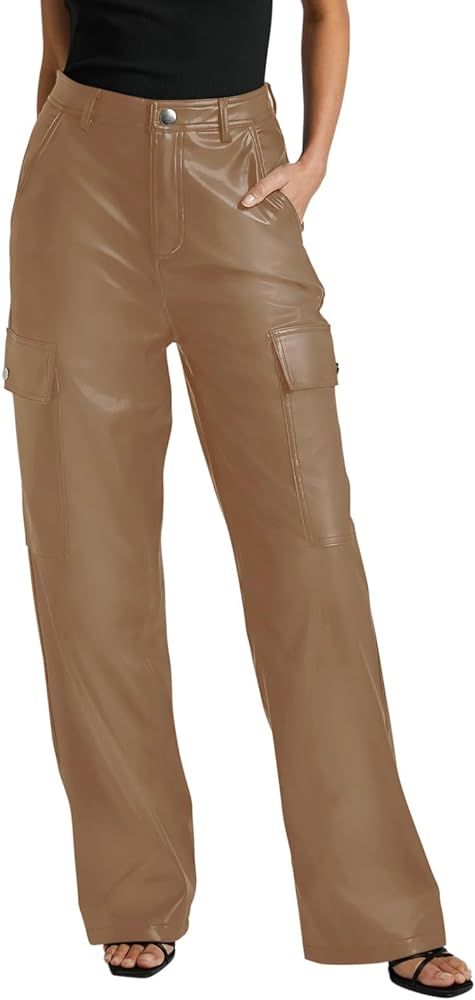 NIMIN Women's Faux Leather Cargo Pants High Waisted Straight Wide Leg Y2K Pants with 4 Pockets | Amazon (US)