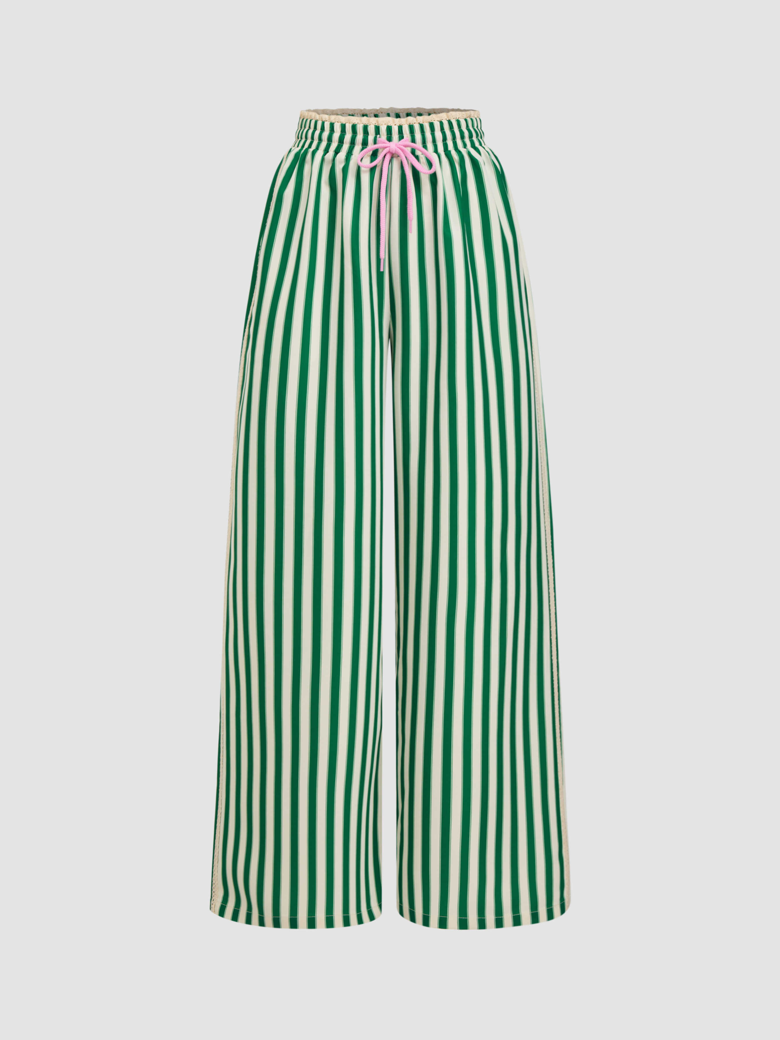 Woven Mid Rise Knottd Stripe Elastic Waist Wide Leg Trousers For Daily Casual | Cider