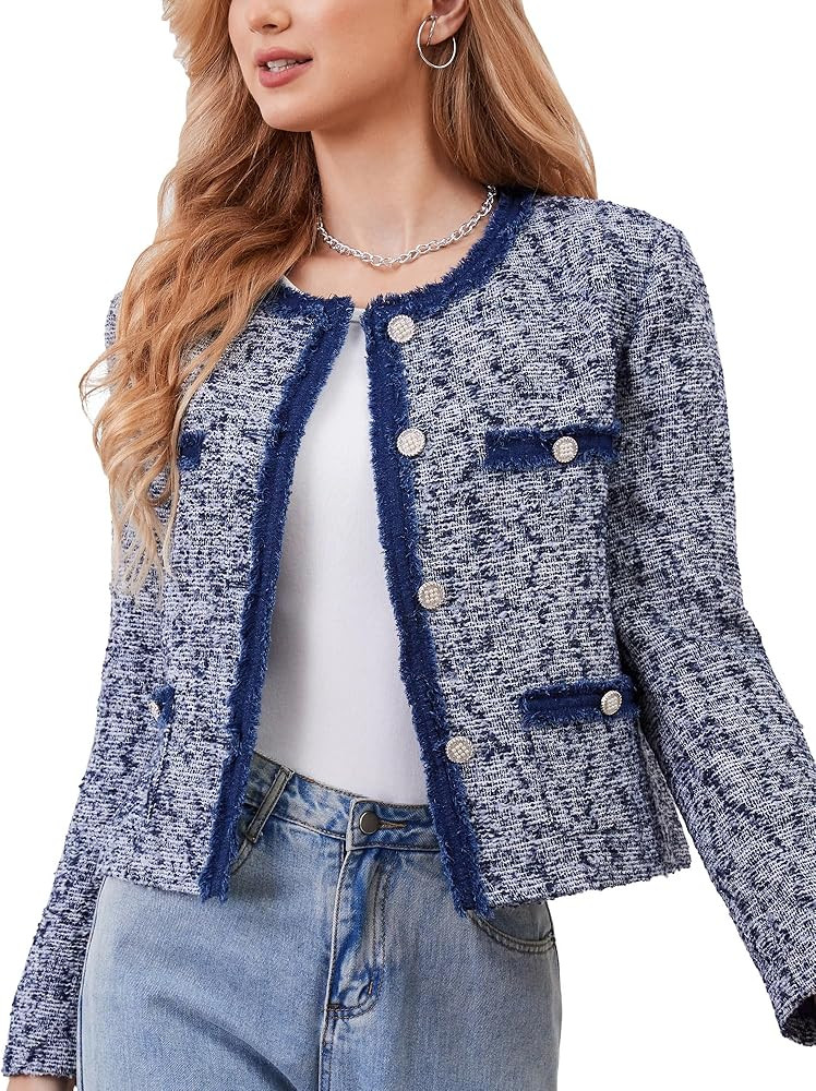 M.Infisavo Tweed Blazer Jackets for Women Button Down Long Sleeve Warm Cropped Cardigan | Amazon (US)