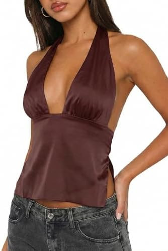 Womens Summer Sexy Deep V Neck Backless Tie Silk Satin Y2k Going Out Cropped Tank Tops | Amazon (US)