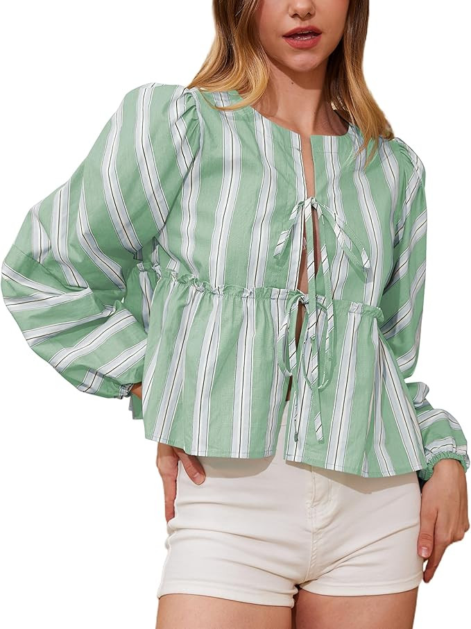 Women Y2K Peplum Bow Tie Front Striped Shirts Cute Ruffle Hem Long Sleeve Lace Up Babydoll Blouse... | Amazon (US)
