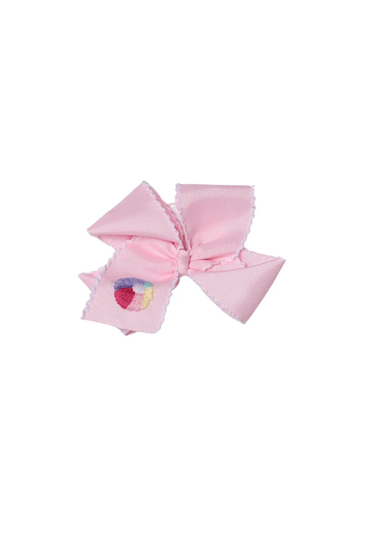 Embroidered Beach Ball Grosgrain Bow Pink/White | The Smocked Flamingo