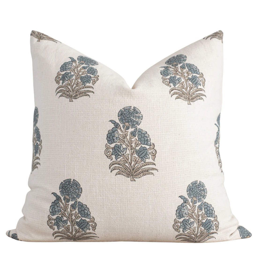 Etta Floral Block Printed Pillow Cover | Blue, Green | Apartment No.3