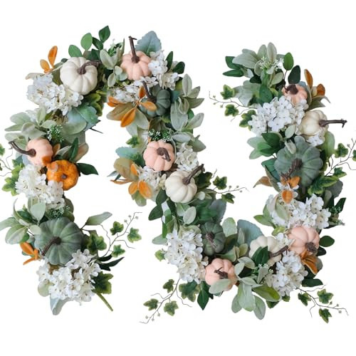 Egolot Fall Pumpkin Hydrangea Flower Garland for Doors Wall, Autumn White Coral Pumpkins with Lamb Ear Leaves for Home Decoration, Fall Home Decor Wreath Garland | Amazon (US)