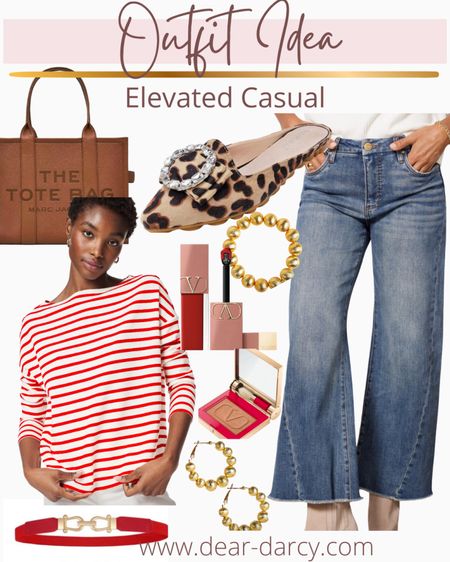 Outfit idea 
Elevated casual 

Wide leg denim kit from the Kloth 

Air essentials stripe top so buttery soft 

Marc Jacob’s tote 

Ysl lip and powder 

Lisi lurch gold bead bracelet and hoop earrings 

Leopard mule with rhinestones buckle 

Amazon red belt set of 2 

#LTKbeauty #LTKstyletip #LTKover40