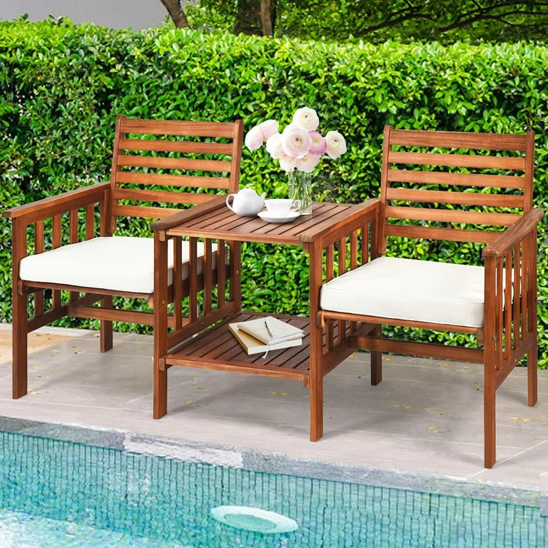 Gymax Acacia Wood Loveseat Patio Outdoor Conversation Set w/ Table White Cushion | Walmart (US)