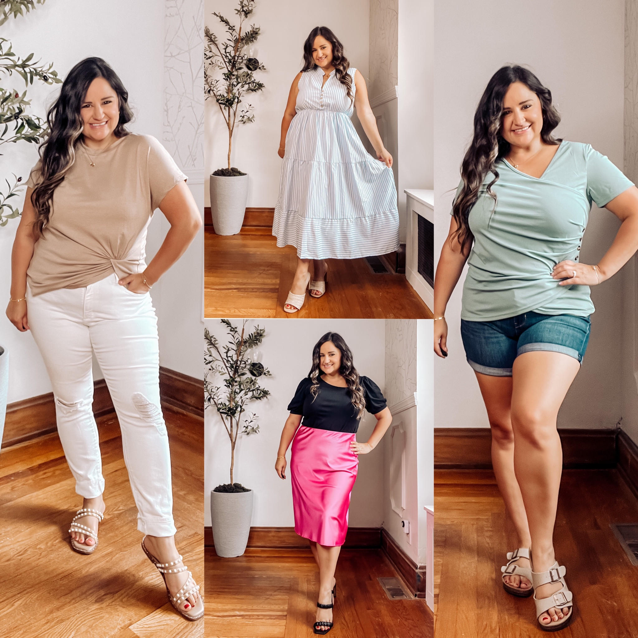 Easy outfits to style your apple shape!

Jeans and t-shirt outfit: linked similar white skinny jeans, wearing an L in the asymmetrical hemline t-shirt

Outfit 2: striped maxi dress, wearing an XL

Outfit 3: wearing an L in the asymmetrical neckline black t-shirt but needed to size down one. Wearing an L in the hot pink skirt, but needed to size up one!

Outfit 4: wearing an xl in the t-shirt with ruching, wearing a 12 in the denim shorts, true to size!

Casual outfits, white jeans, jean shirts, t-shirt, maxi dress, striped dress, satin midi skirt, cute sandals, back to school style, teach outfits 

#LTKmidsize #LTKBacktoSchool #LTKcurves