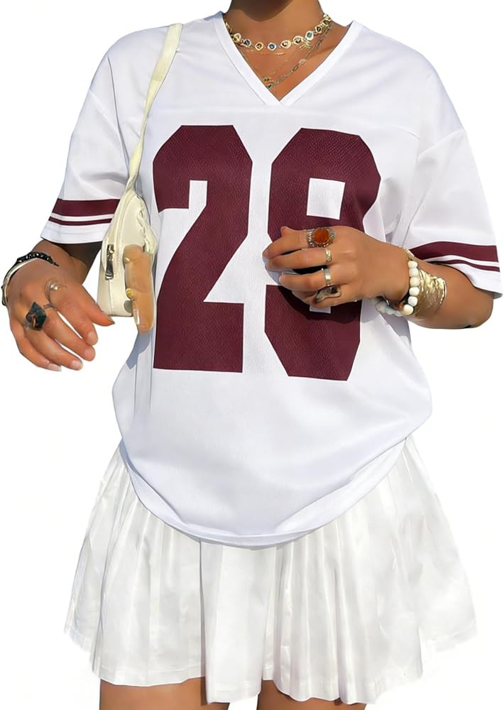 Jersey Shirts for Women Y2k Graphic Number Tees Oversized V Neck T Shirts Casual Streetwear Short... | Amazon (US)