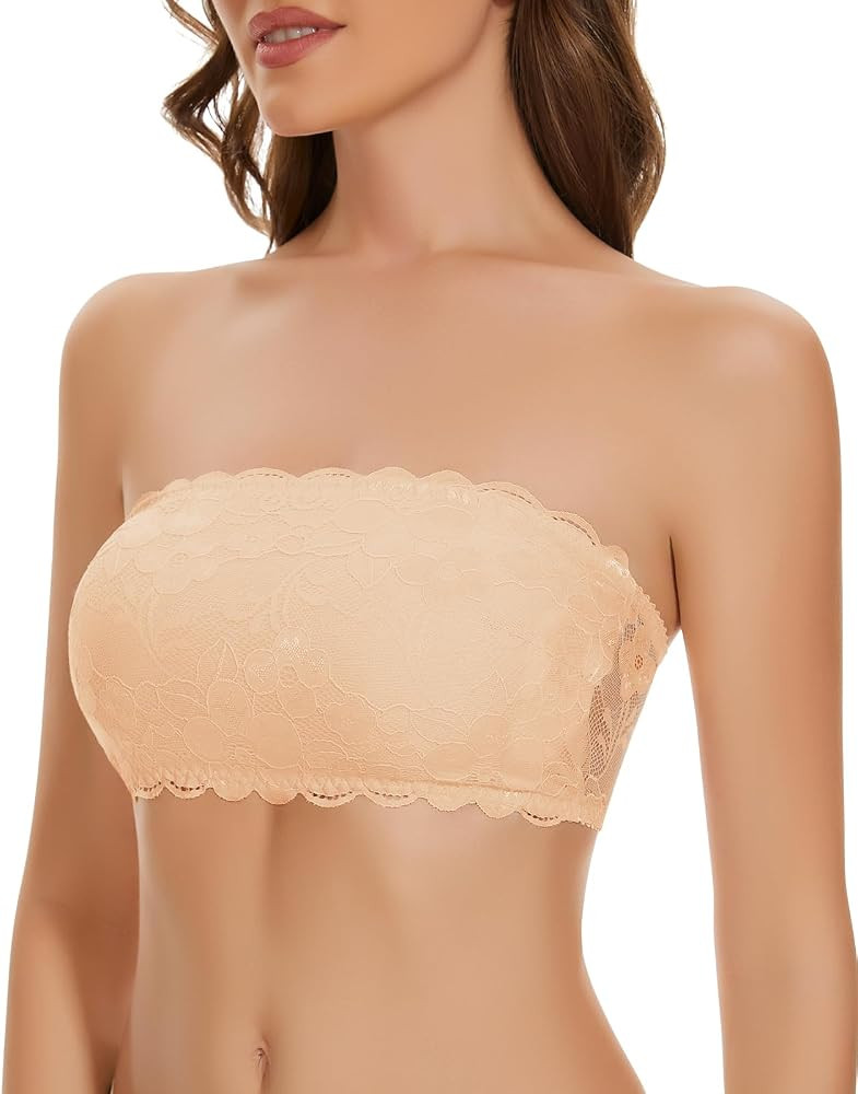WOWENY Womens Wirefree Lace Bandeau Bra Strapless Tube Top Seamless Wireless Bras Padded Bralette | Amazon (US)
