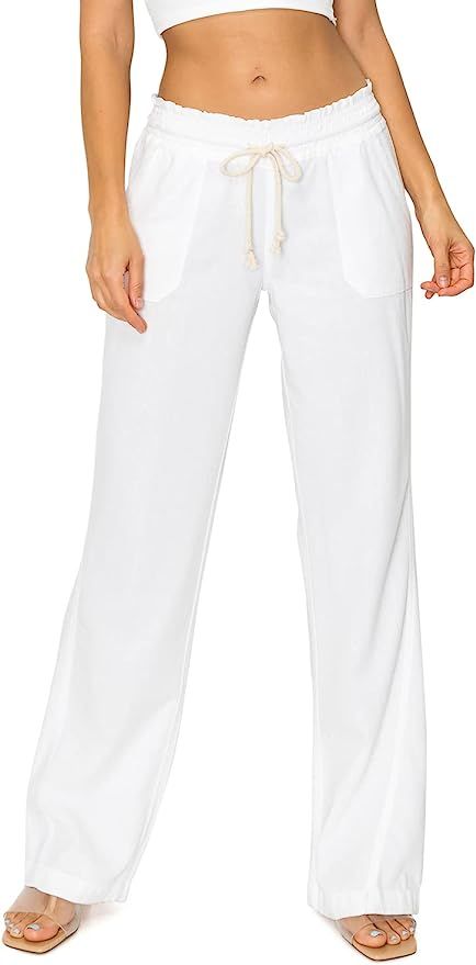 Cali1850 Women's Casual Linen Pants - Drawstring Smocked Waist Oceanside Lounge Beach Trousers wi... | Amazon (US)