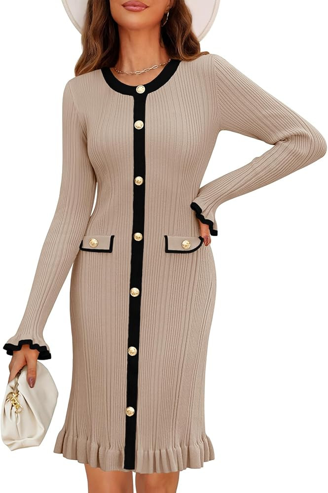 MEROKEETY Women's Long Sleeve Bodycon Sweater Dress Button Color Block Ruffle Ribbed Knit Midi Dr... | Amazon (US)