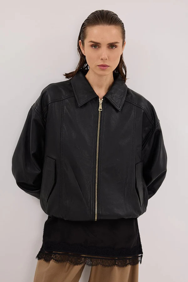 HUTTON BLACK LEATHER BOMBER JACKET | DISSH