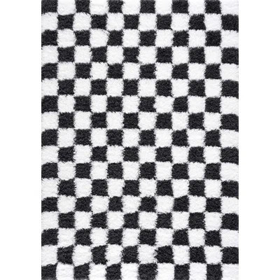 Atiray Shag Checkered Modern Black / White Area Rug | Wayfair North America