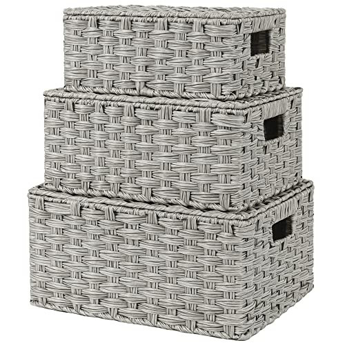 GRANNY SAYS Wicker Storage Baskets, Decorative Boxes with Lids, Set of 3 Nesting Wicker Baskets for Organizing, Gray, 3-Pack | Amazon (US)