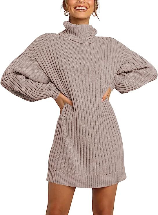 ANRABESS Women Turtleneck Long Lantern Sleeve Casual Loose Oversized Sweater Dress Soft Winter Pu... | Amazon (US)