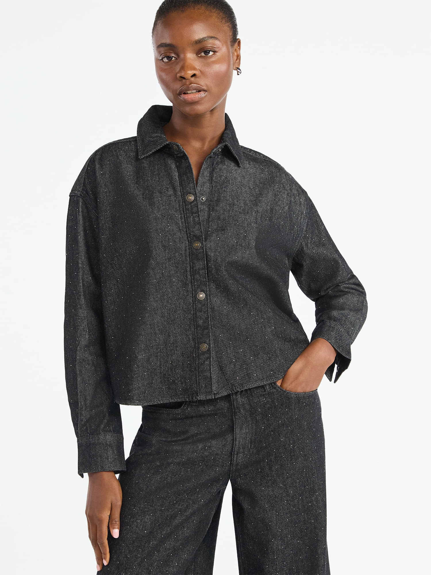 Scoop Women’s Rhinestone Embellished Cotton Denim Shirt with Long Sleeves, Sizes XS-XXL | Walmart (US)