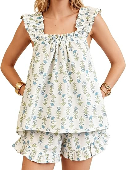 Women Cute Ruffle Pajama Set 2 Piece Summer Floral Print Camis and Shorts | Sleepwear Gingham Lou... | Amazon (US)