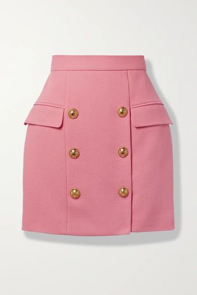 Balmain - Button-embellished Cotton-piqué Mini Skirt - Pink | NET-A-PORTER (US)