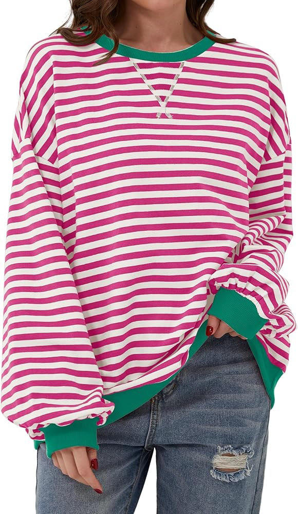 Women Oversized Striped Color Block Long Sleeve Crew Neck Sweatshirt Casual Loose Pullover Y2K Sh... | Amazon (US)