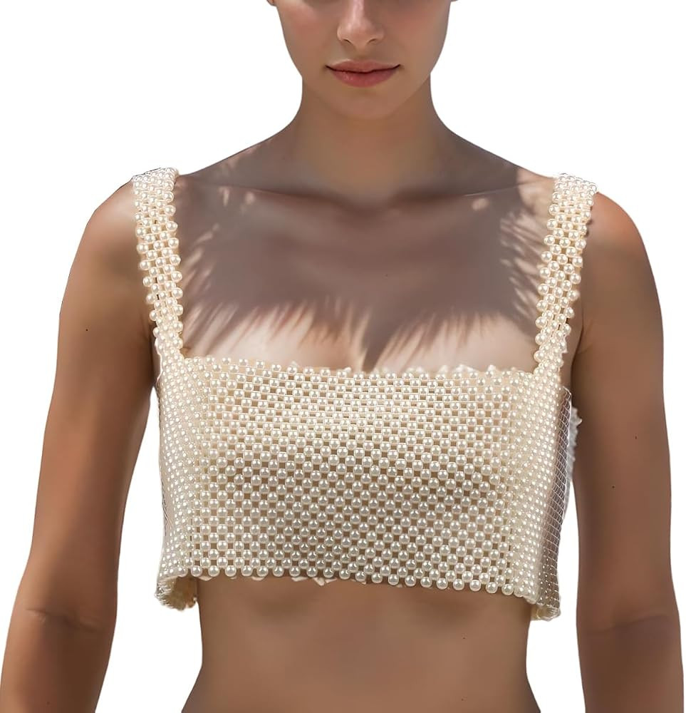 Florate Pearl Body Chain for Women White Beads Statement Chunky Necklace Cover Up Crop Top Bra Je... | Amazon (US)