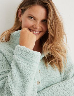 Aerie Cloud Sherpa Oversized Button Pullover | American Eagle Outfitters (US & CA)
