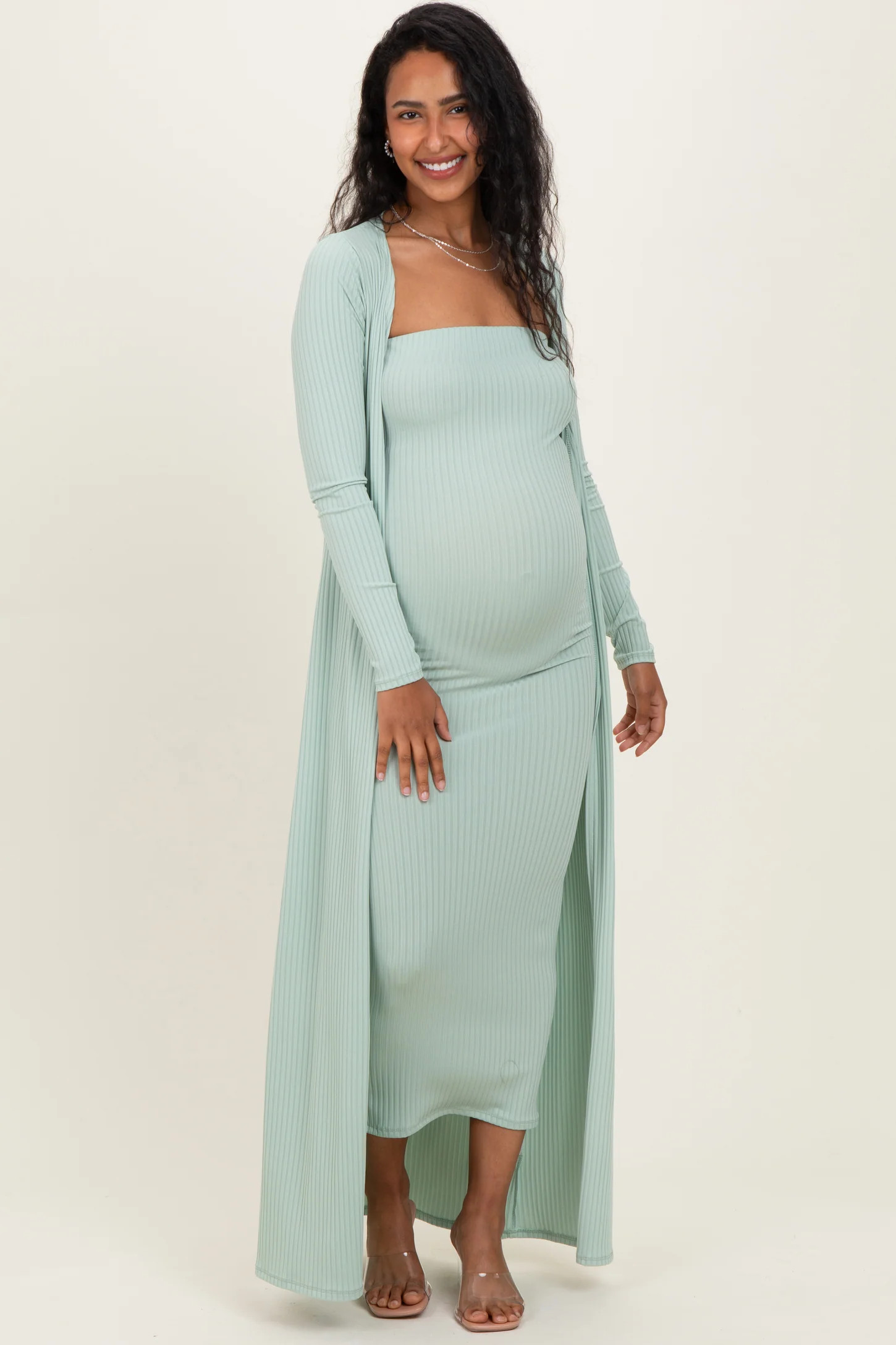 Light Blue Ribbed Sleeveless Dress Cardigan Maternity Set | PinkBlush Maternity