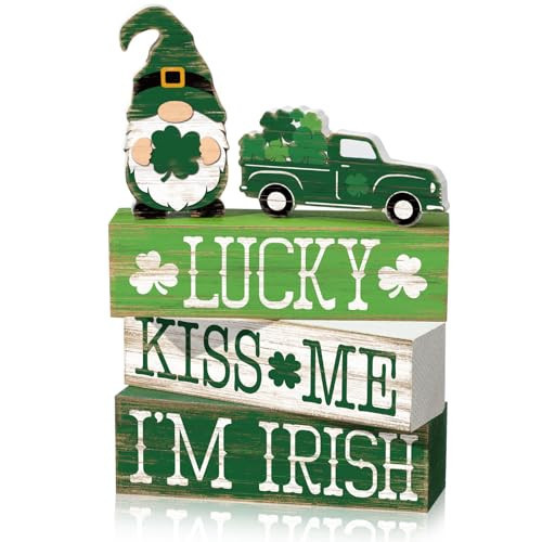 Moucuny 5 Pcs St Patricks Day Decoration St. Patrick's Table Signs Saint Patty's Day Tiered Tray Decor Wooden Gnome Truck Blocks Signs Irish Table Decor for Home Office Desk Coffee Bar Shelf | Amazon (US)