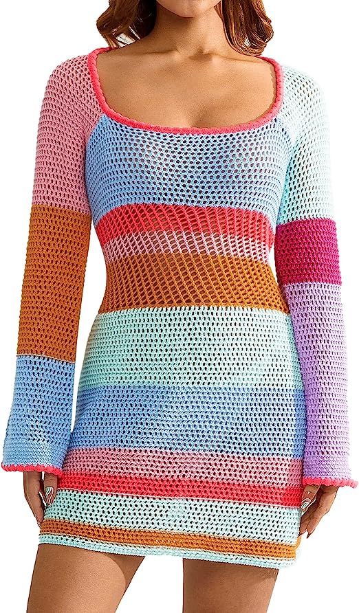 Fabumily Women Crochet Knit Mini Dress Long Sleeve Colorful Mesh Cover Ups Casual Sweater Dress 2... | Amazon (US)