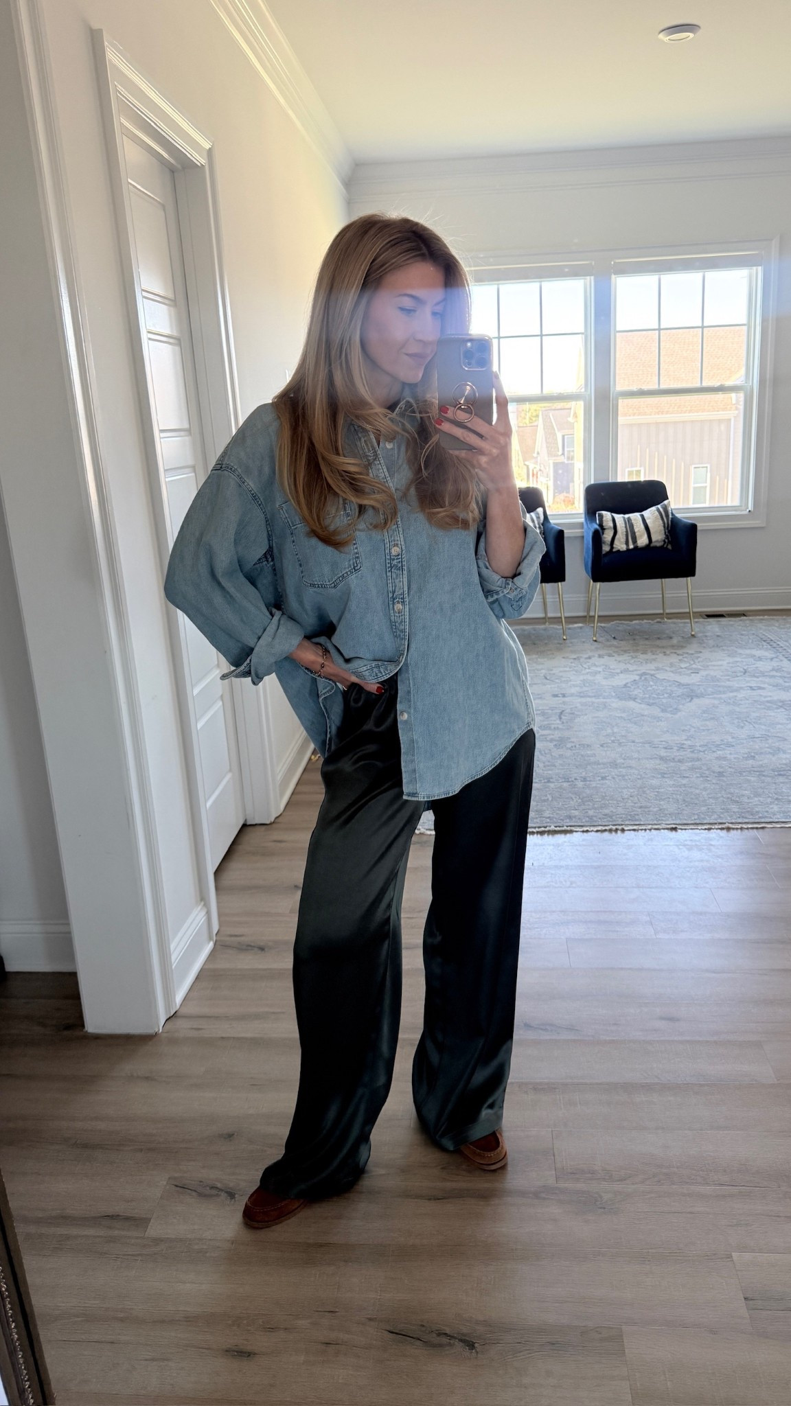 Cause but elevated outfit! 
Denim top: runs slightly oversized, wearing size small. 
Pants: run TTS, wearing size small. 

#LTKSeasonal #LTKgrwm #LTKootd
