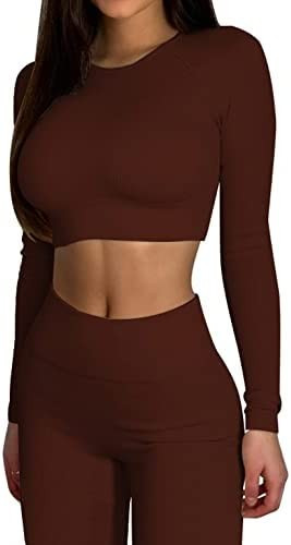 QINSEN Seamless Workout Outfits for Women 2 Piece Ribbed Long Sleeve Crop Top Tummy Control Leggi... | Amazon (US)